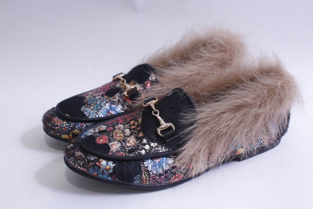 Little Legends, Shoes, Loafers, Slippers, Floral Pattern, Brown Fur, Black
